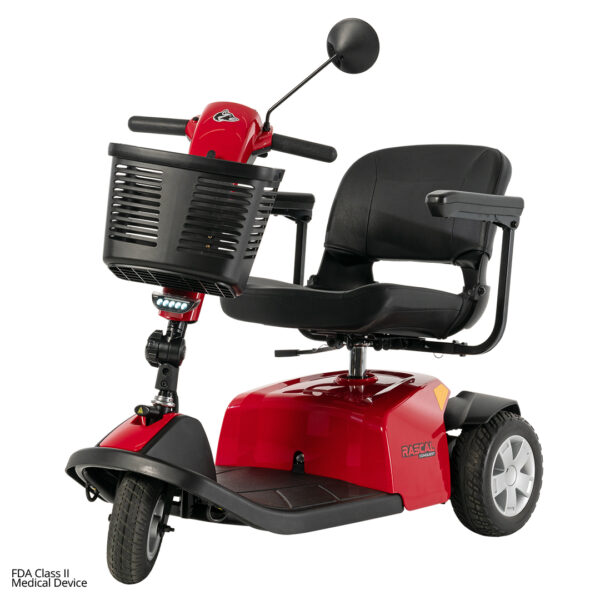 The Conquest 3-Wheel Scooter, shown in red with a black seat, armrests, front basket, and headlight on a white background, offers an ideal alternative to lightweight power wheelchairs.