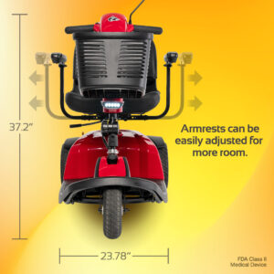 Rear view of the Conquest 3-Wheel Scooter in red, featuring adjustable armrests (37.2 high, 23.78 wide)—an ideal lightweight power wheelchair alternative for flexible mobility.