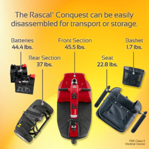 The Conquest 3-Wheel Scooter, resembling a lightweight power wheelchair, is shown disassembled into batteries, rear section, front section, seat, and basket—each part clearly labeled with its weight in pounds.