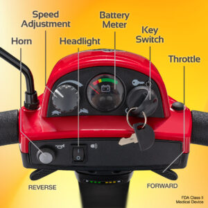Close-up of the Conquest 3-Wheel Scooter control panel showing labeled features: speed adjustment, horn, headlight, battery meter, key switch, throttle, plus reverse and forward controls—like those on lightweight power wheelchairs.