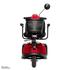 Rear view of the Conquest 3-Wheel Scooter in red with a black seat, backrest, armrests, rear light, and side mirror—perfect for individuals looking for an alternative to a lightweight power wheelchair.