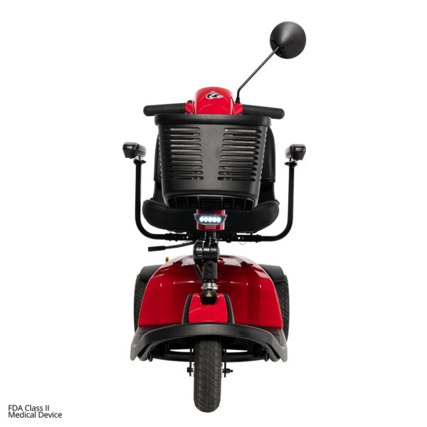 Rear view of the Conquest 3-Wheel Scooter in red with a black seat, backrest, armrests, rear light, and side mirror—perfect for individuals looking for an alternative to a lightweight power wheelchair.