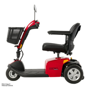 The Conquest 3-Wheel Scooter, shown in side profile, features a red and black design, front basket, padded seat, three wheels, and handlebars—a stylish alternative to a lightweight power wheelchair.