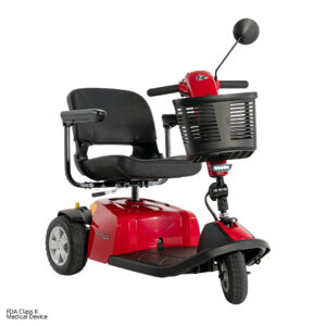 The Conquest 3-Wheel Scooter features a red design, black seat with armrests, front basket, and control panel. Classified as an FDA Class II medical device, its a great alternative to lightweight power wheelchairs for outdoor mobility.