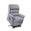 The Relaxer Lift Chair is a gray upholstered recliner with padded armrests and backrest, plus a remote control attached to the side.