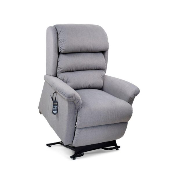 The Relaxer Lift Chair is a gray upholstered recliner with padded armrests and backrest, plus a remote control attached to the side.