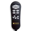 Black remote control for the Relaxer Lift Chair, featuring labeled buttons—up, recline, TV, sleep, sit, directional arrows—and Golden branding at the bottom.