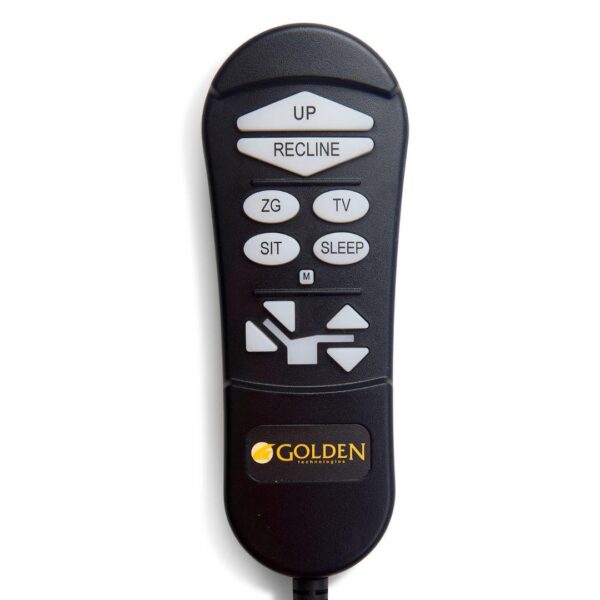 Black remote control for the Relaxer Lift Chair, featuring labeled buttons—up, recline, TV, sleep, sit, directional arrows—and Golden branding at the bottom.