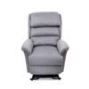 A front view of the Relaxer Lift Chair, a grey upholstered recliner with padded armrests and a cushioned backrest, shown on a white background.