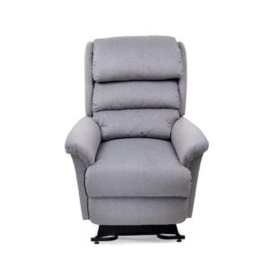 A front view of the Relaxer Lift Chair, a grey upholstered recliner with padded armrests and a cushioned backrest, shown on a white background.