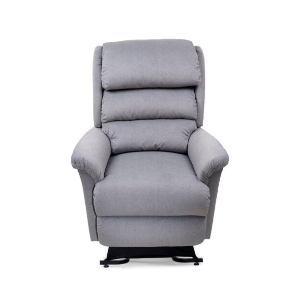 A front view of the Relaxer Lift Chair, a grey upholstered recliner with padded armrests and a cushioned backrest, shown on a white background.