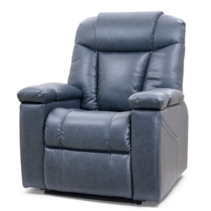 The Rhea Lift Chair is a blue leather recliner with padded armrests, a high backrest, and visible stitching, shown on a white background.