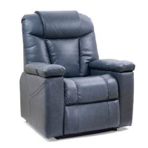 The Rhea Lift Chair is a modern blue leather recliner with padded armrests, backrest, and seat, shown from the front against a white background.