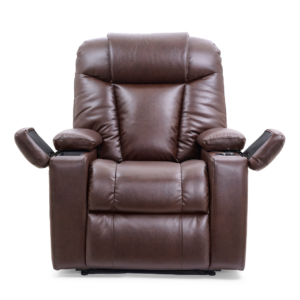 The Rhea Lift Chair is a brown leather recliner with cushioned back, seat, and armrests featuring built-in cupholders or storage compartments. It is shown facing forward on a white background.