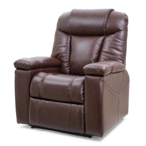 The Rhea Lift Chair is a spacious brown leather recliner with a cushioned seat, backrest, and armrests, displayed against a white background.