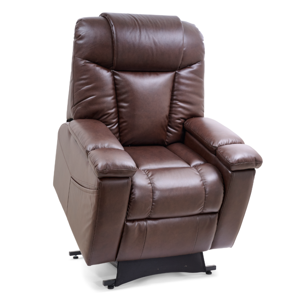 The Rhea Lift Chair, a brown leather recliner with padded armrests and backrest, is shown on a white background.