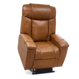 The Rhea with Twilight Lift Chair, a brown leather recliner featuring padded armrests and a high backrest, is displayed against a white background.