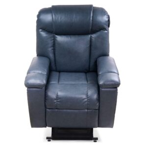 The Rhea with Twilight Lift Chair, a dark blue leather recliner with padded armrests and backrest, is displayed from the front on a white background.