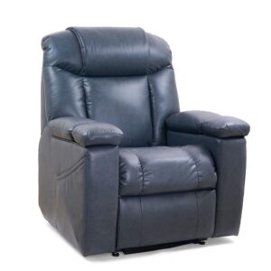 The Rhea with Twilight Lift Chair is a black leather recliner featuring padded armrests, seat, and backrest, displayed against a plain white background.