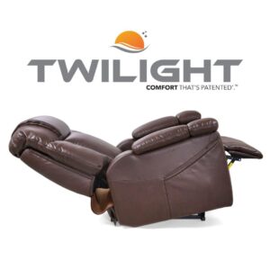 A Rhea with Twilight Lift Chair is shown fully reclined, with the Twilight Comfort logo and trademark displayed above it.