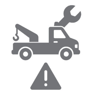 Gray icon of a tow truck with a wrench above it and a warning triangle with an exclamation mark below, indicating vehicle repair or roadside assistance.
