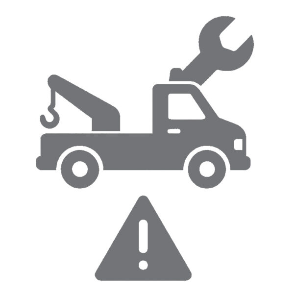 Gray icon of a tow truck with a wrench above it and a warning triangle with an exclamation mark below, indicating vehicle repair or roadside assistance.