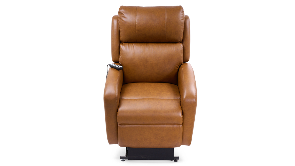 EZ Sleeper Slim with Twilight Lift Chair in brown leather, shown from the front against a white background, featuring padded armrests and a remote control on the left arm for enhanced comfort and support.