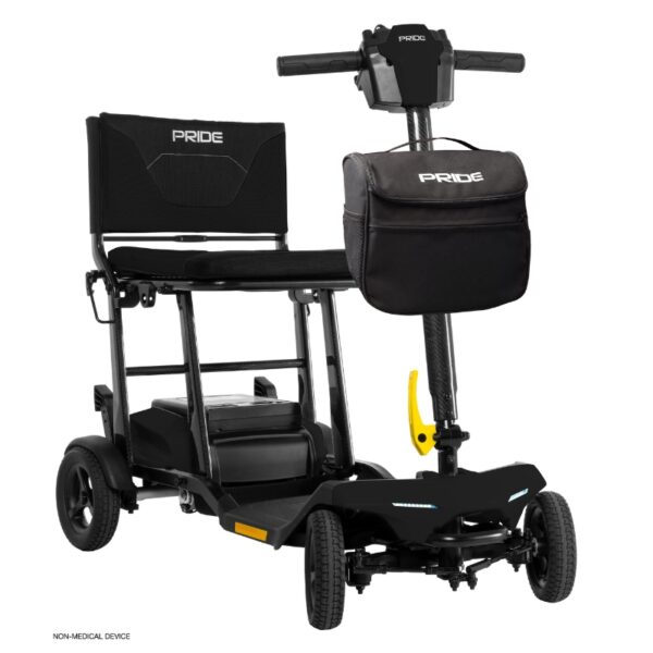 Introducing the Go Go® Super Portable 4-Wheel Scooter, a lightweight travel scooter in sleek black featuring a comfortable seat, four sturdy wheels, handlebars, and a convenient storage pouch at the front. The brand name Pride is prominently displayed on both the seat and the pouch.