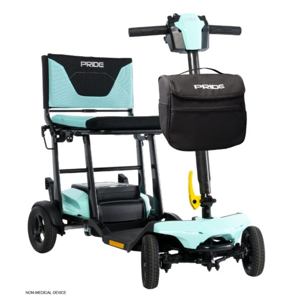 The Go Go® Super Portable 4-Wheel Scooter is a sleek teal and black lightweight travel scooter, featuring a padded seat, backrest, handlebar controls, and a front storage bag. Its four-wheel design ensures stability on your journeys.