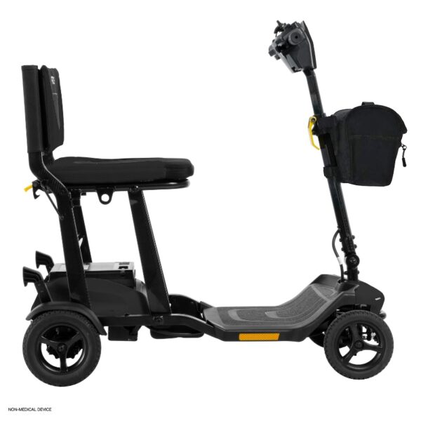 Side view of the Go Go® Super Portable 4-Wheel Scooter, featuring a padded seat and handlebar bag.