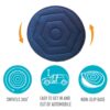 The Swivel Seat Cushion is a blue circular cushion with a swivel feature, demonstrated by icons highlighting its 360-degree rotation, ease of vehicle entry and exit, and non-slip base, making it an essential car safety tool.