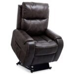 The Titan with Twilight Lift Chair is a dark brown leather recliner featuring visible stitching and a built-in remote pocket on the side.