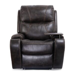 The Titan with Twilight Lift Chair is a dark brown leather recliner featuring visible stitching and a small tray on the right armrest, shown against a white background.
