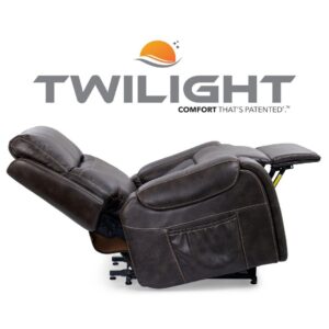 A Titan with Twilight Lift Chair in dark brown, fully reclined and shown from the side, features the word TWILIGHT with a sun logo above it.