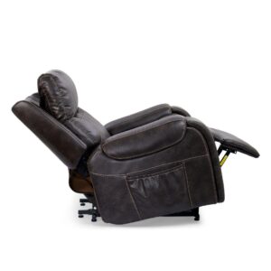 The Titan with Twilight Lift Chair in brown leather fully reclines and features padded armrests plus a convenient side storage pocket.