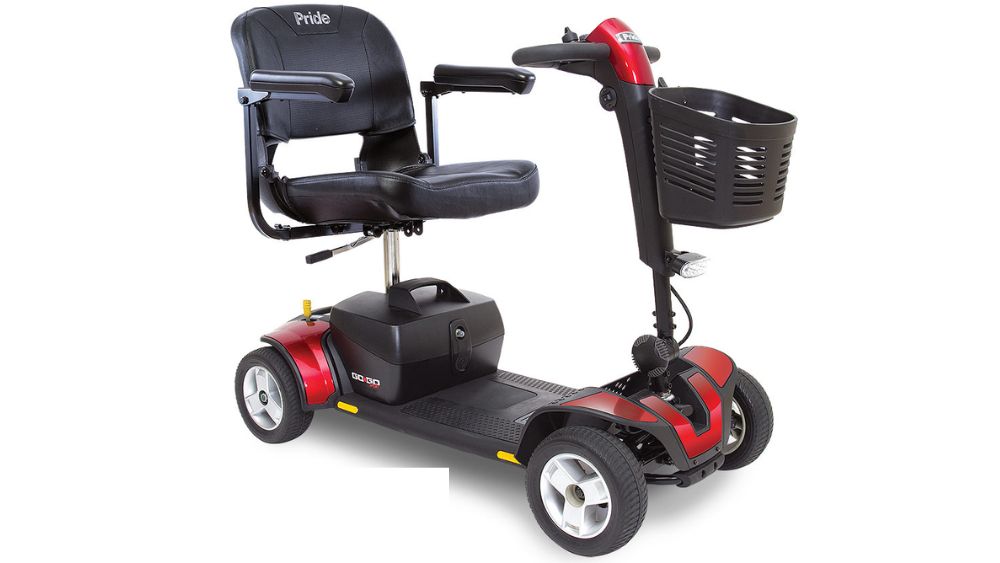 The Go Go™ Sport 4-Wheel Scooter features a black seat with armrests, a front basket, and red accents on the front and sides.