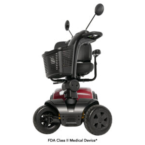 A red mobility scooter with a black basket and two rearview mirrors is shown from the rear view. It has four wheels and a small seat.