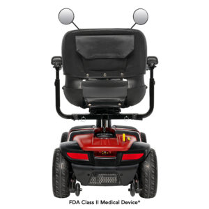 Rear view of a red and black mobility scooter with mirrors and a seat with armrests. Text at the bottom reads FDA Class II Medical Device*.