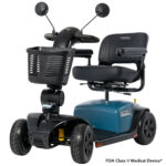 A mobility scooter with a blue base, black seat, and backrest. It has a front basket, handlebar, and four wheels. Two rearview mirrors are attached to the handlebar.