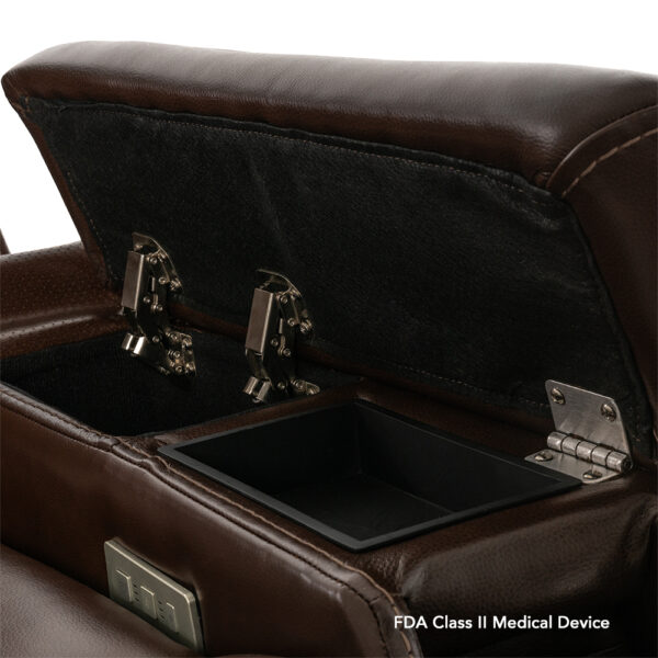 The VivaLift! Premier Lift Chair features an open armrest with metal hinges and a rectangular storage space, labeled as an FDA Class II Medical Device at the bottom.