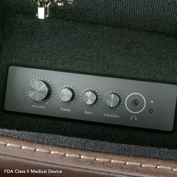 The VivaLift! Premier Lift Chair features a black control panel with knobs for Volume, Treble, Bass, and Vibration, plus a power button and audio jack. It is labeled as an FDA Class II Medical Device.