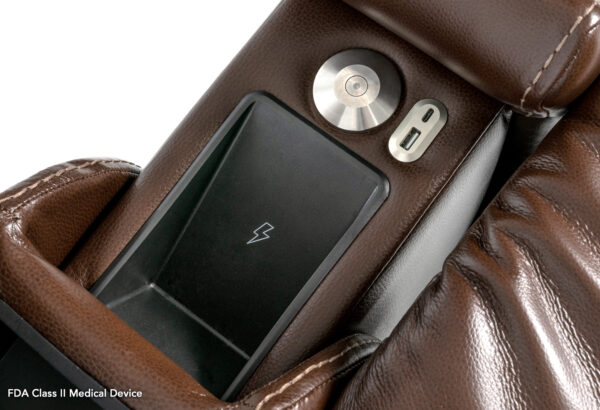 Close-up of the VivaLift! Premier Lift Chairs brown armrest, complete with a cup holder, USB port, power button, and a small compartment marked with a lightning bolt symbol.