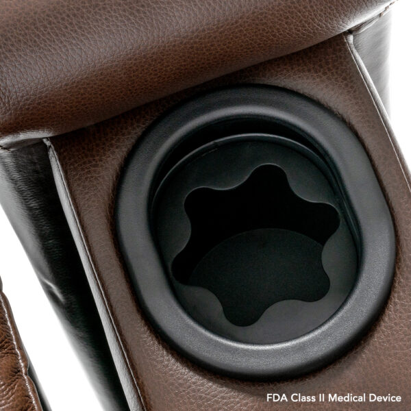 A close-up of a star-shaped bottom cup holder set within the brown leather armrest of the VivaLift! Premier Lift Chair. FDA Class II Medical Device text is prominently displayed in the corner.
