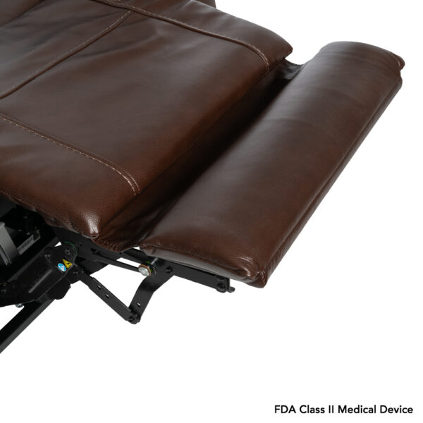 VivaLift! Premier Lift Chair in brown leather, with leg rest extended and side view.
