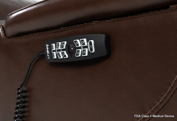 The brown VivaLift! Premier Lift Chair features a side-attached remote control with various buttons labeled with Lift.