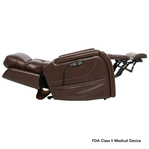 The VivaLift! Premier Lift Chair is a brown leather reclining lift chair with a remote control that fully reclines and is marked as an FDA Class II Medical Device.