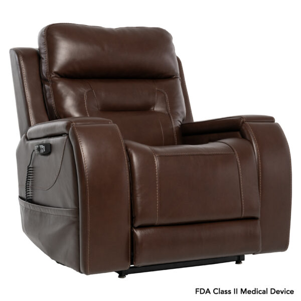 The VivaLift! Premier Lift Chair is a brown leather recliner featuring built-in electronic controls and a footrest, classified as an FDA Class II Medical Device.