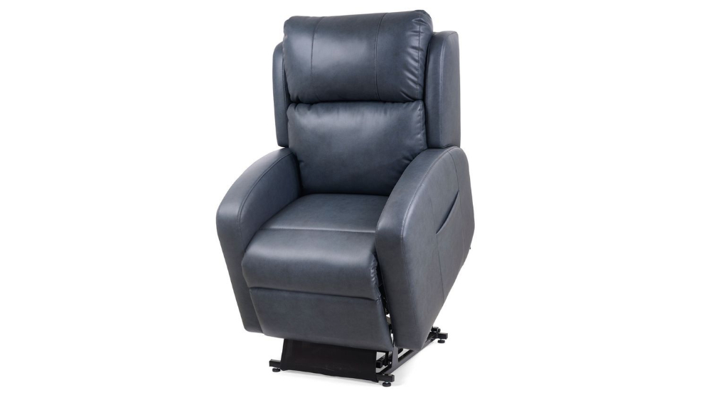 A black leather EZ Sleeper Slim with Twilight Lift Chair featuring padded armrests and backrest is shown in a partially elevated position on a white background, highlighting its enhanced comfort and stylish design.