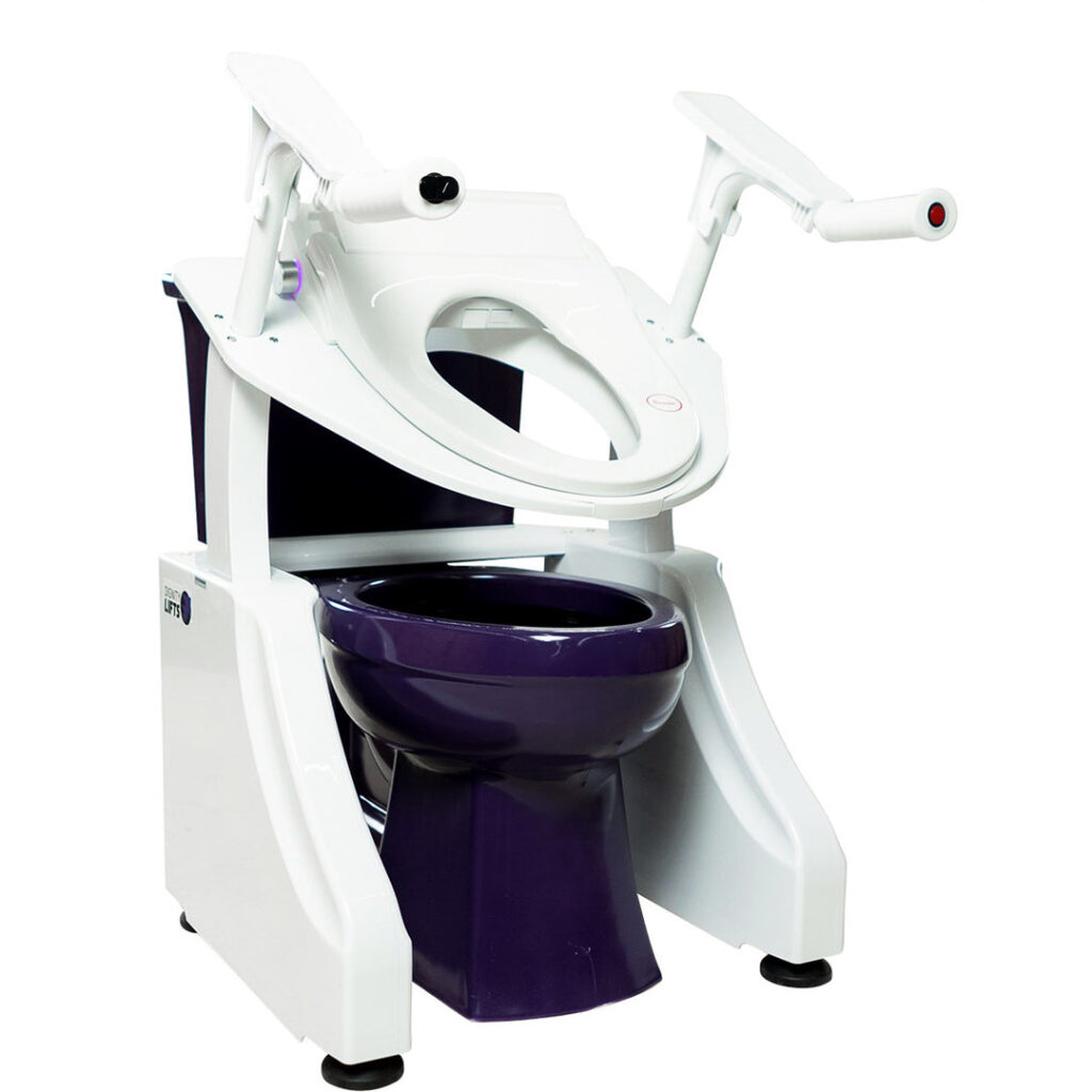 A mobility-assisted elevated toilet chair with arm supports and integrated bidet attachments.